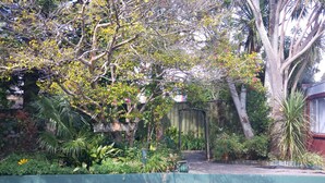 A garden with various plants and trees, a wooden fence, and a pathway leading to a gate. - Redwood Lodge Motel (Levin)