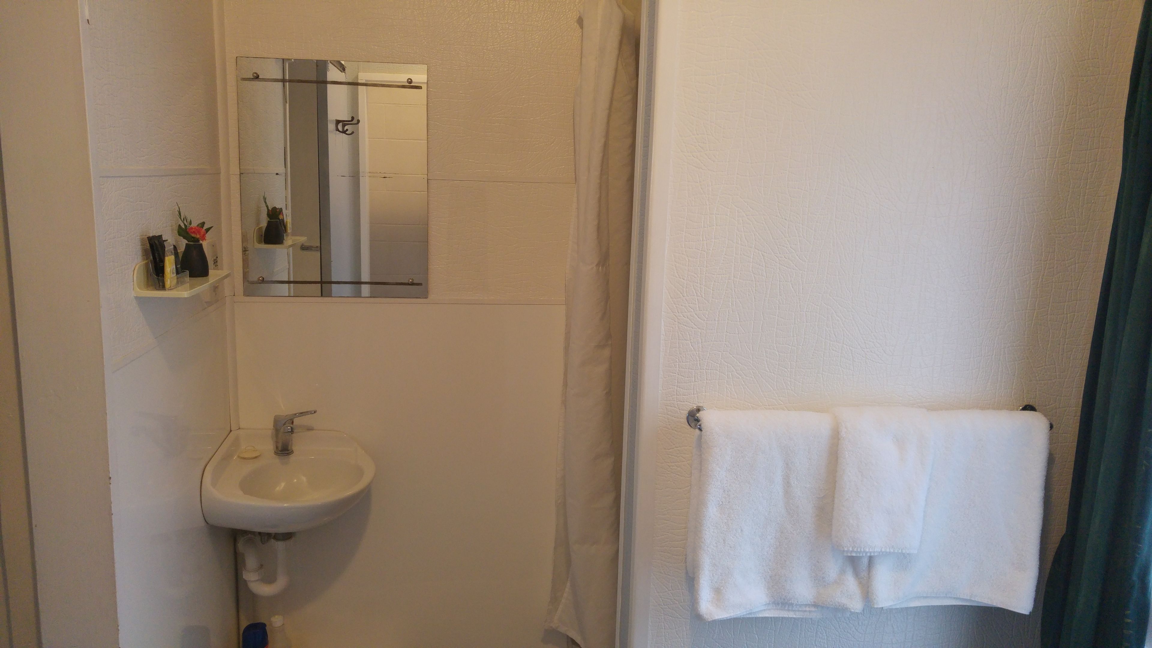 A bathroom with a sink, mirror, towel rack, and a shower curtain.