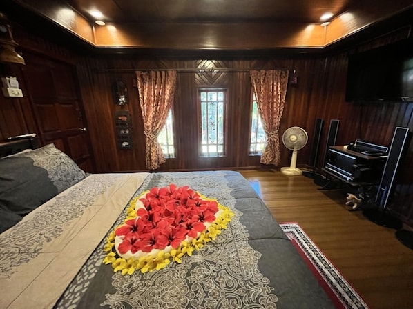 Un dormitorio con cama, televisor y piano.