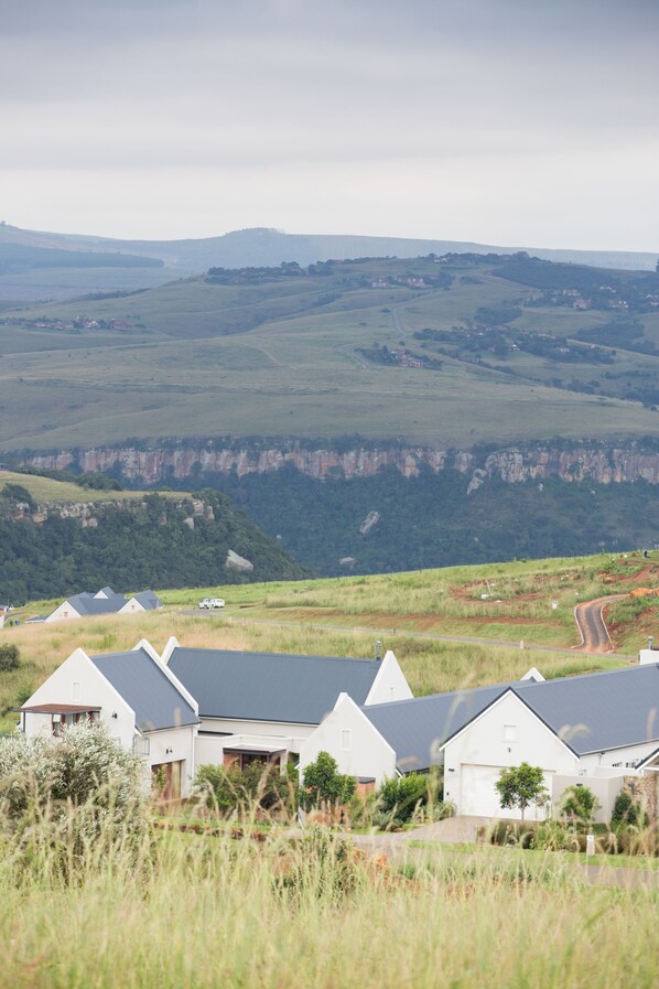 A rural landscape with white houses and a road leading to a cliff. - The Living Collective (Hilton)