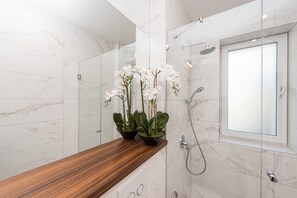 Douche, séchoir à cheveux, serviettes fournies, savon