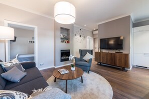 TV, fireplace, books