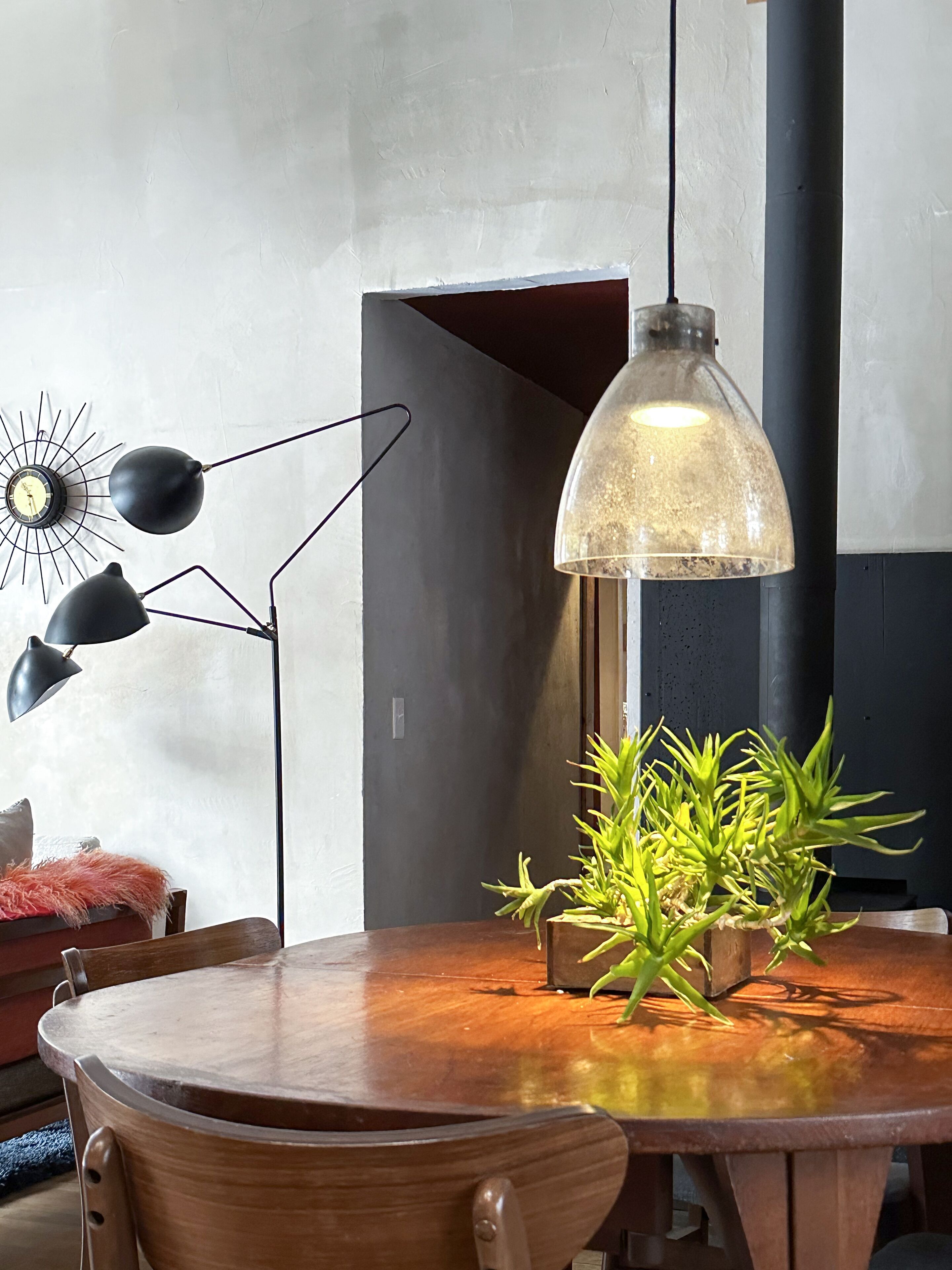 A wooden dining table with a potted plant, a pendant light, and a wall-mounted clock.