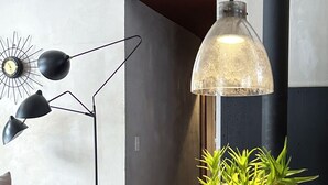 A wooden dining table with a potted plant, a pendant light, and a wall-mounted clock.