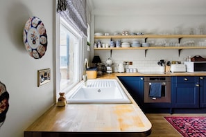 A kitchen with a wooden countertop, white sink, and blue cabinets.