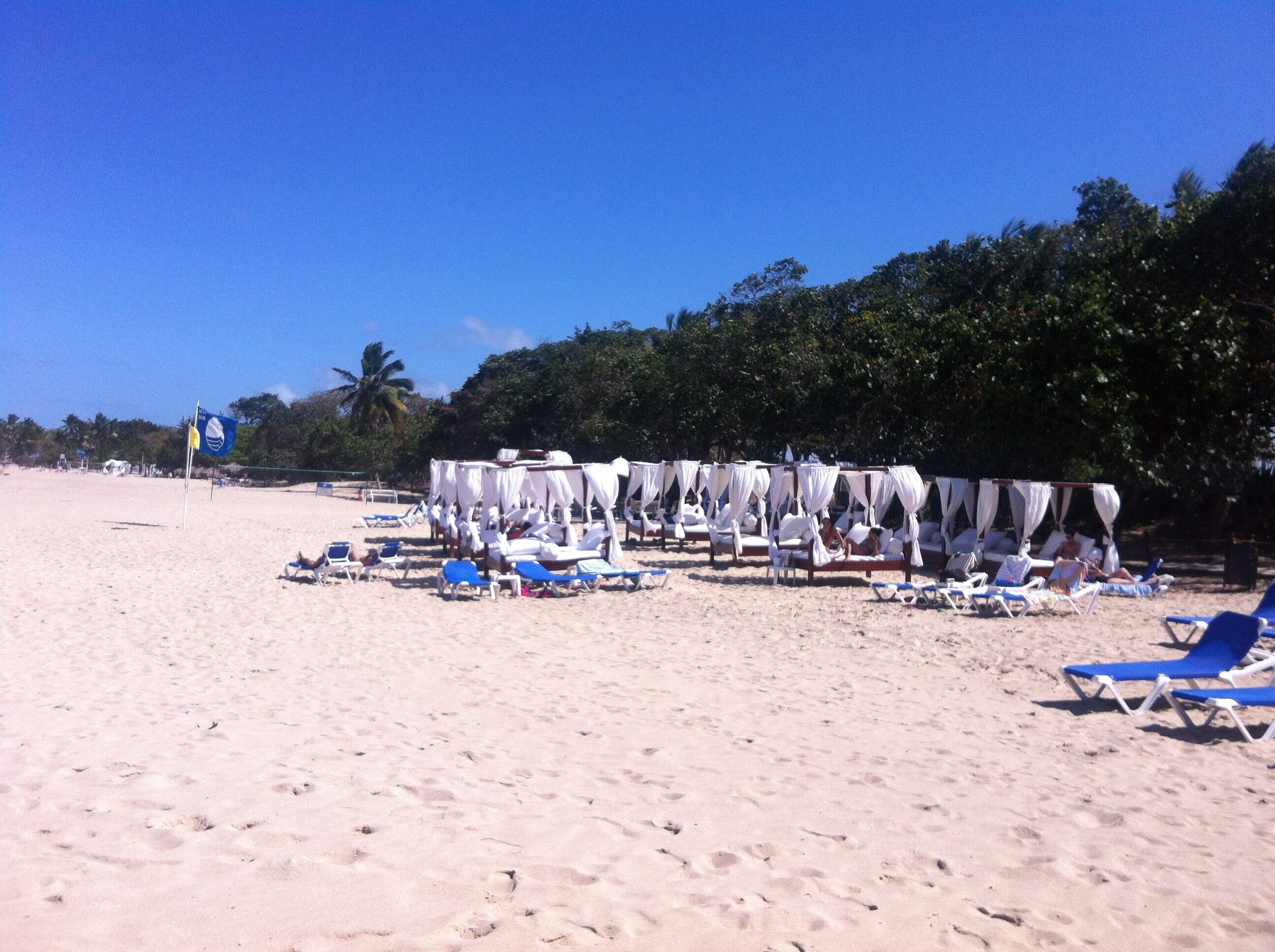Una playa con toldos blancos y sillas azules.
