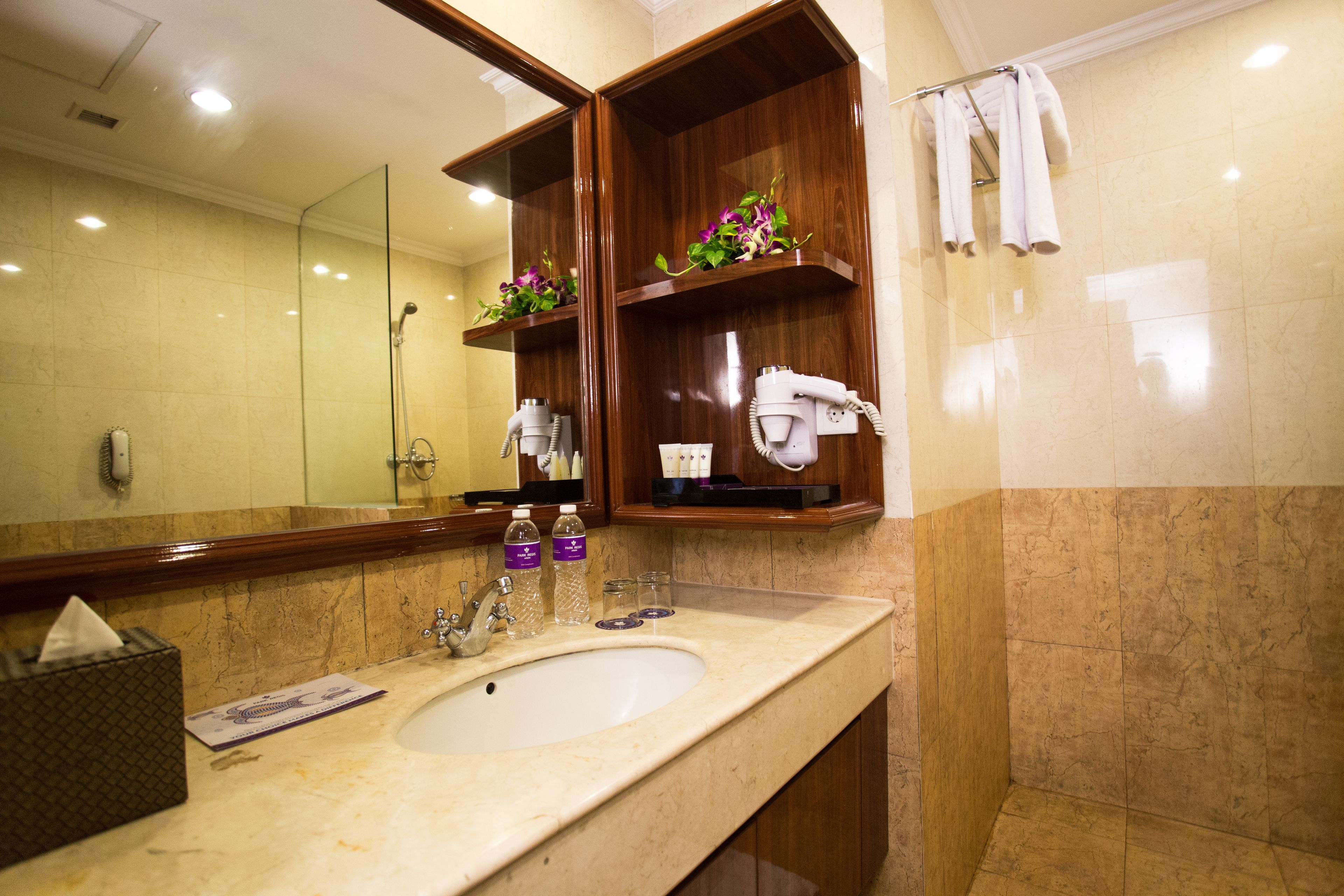 deluxe double room | bathroom | shower, free toiletries, hair dryer, slippers
