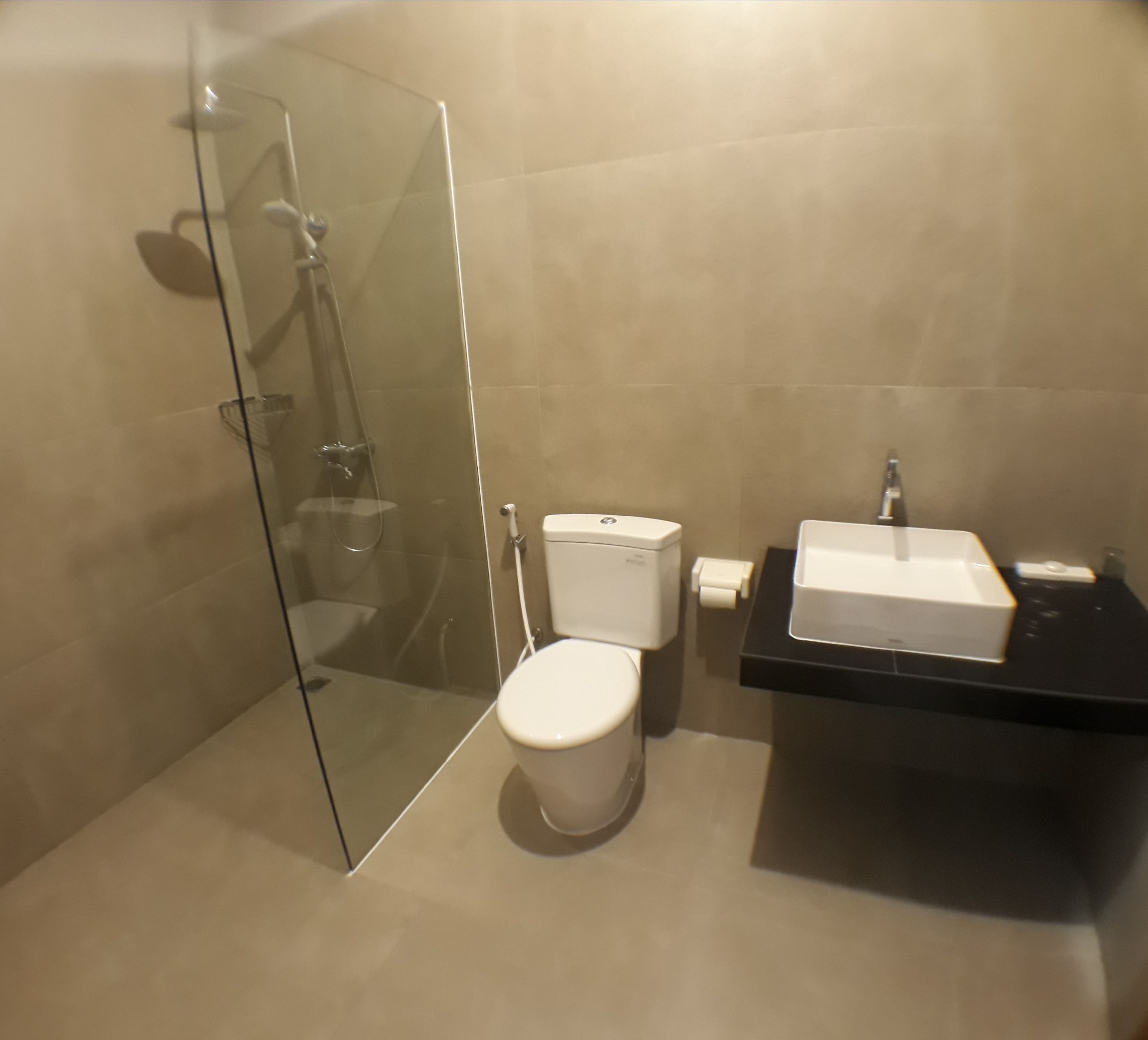 A modern bathroom with a glass shower enclosure, a white toilet, and a black sink with a mirror.