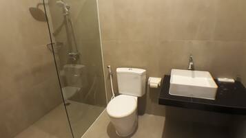 A modern bathroom with a glass shower enclosure, a white toilet, and a black sink with a mirror.
