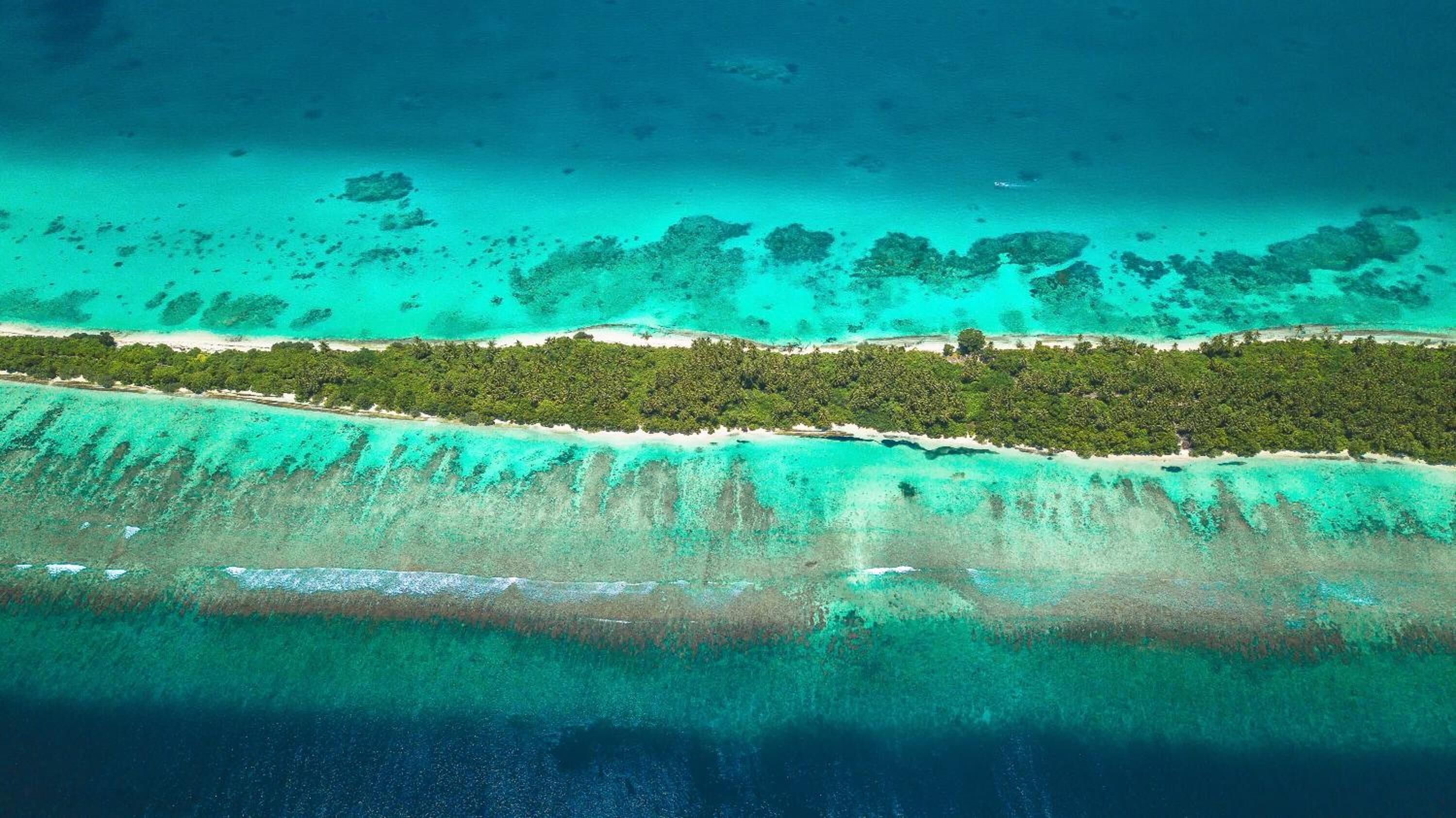 Vista aérea de una zona costera con aguas turquesas cristalinas, una playa arenosa y vegetación verde exuberante.