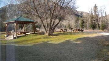 A gazebo, picnic tables, and a picnic shelter in a park with trees and mountains in the background.
