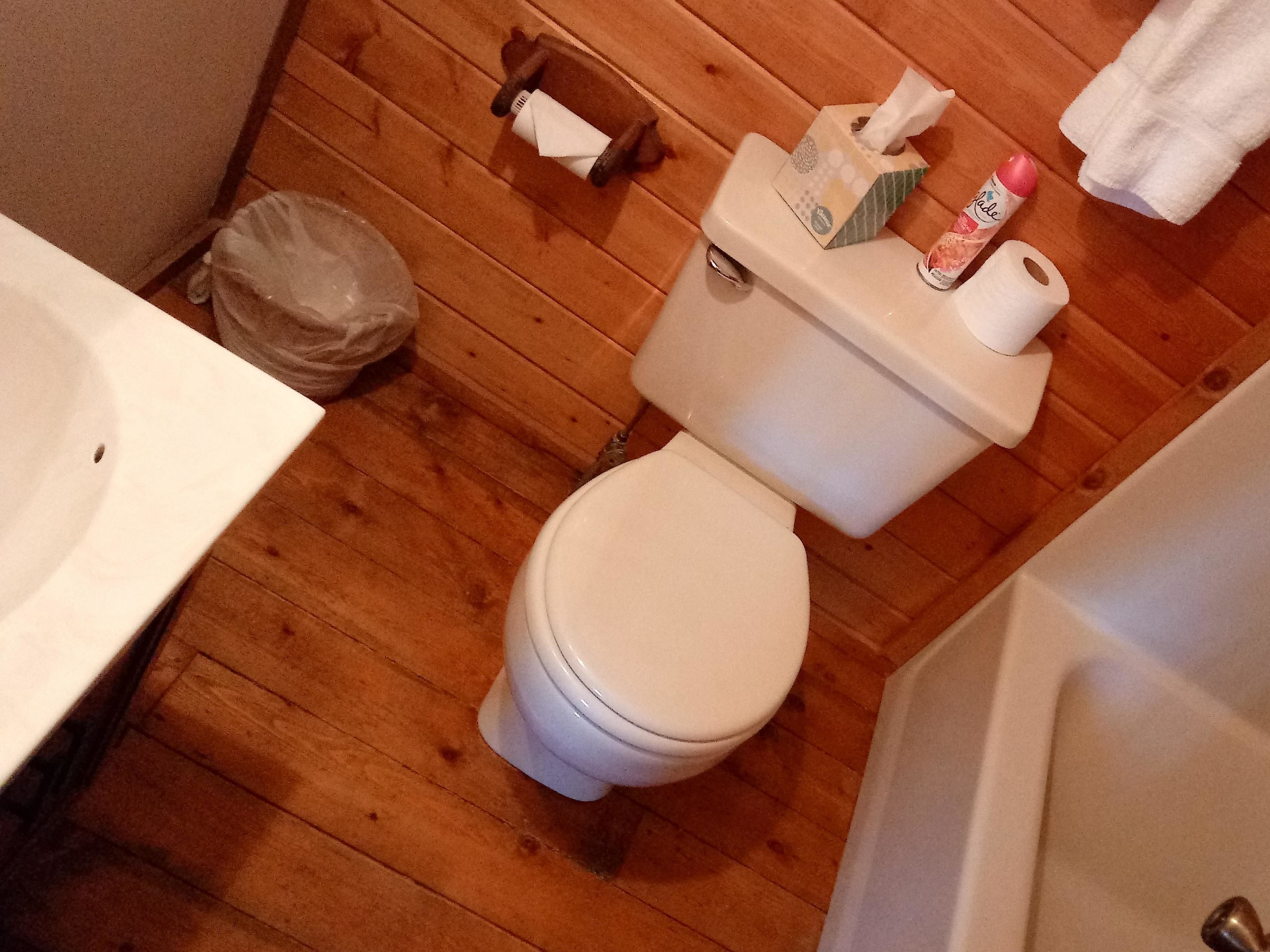Un baño con suelo de madera, inodoro, lavamanos y bañera.