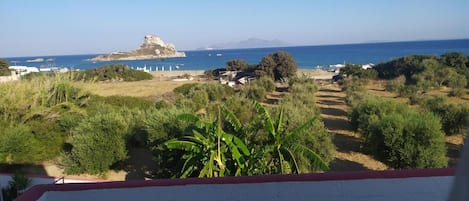 A coastal landscape with a view of the sea, a rocky outcrop, and a path leading through the vegetation.