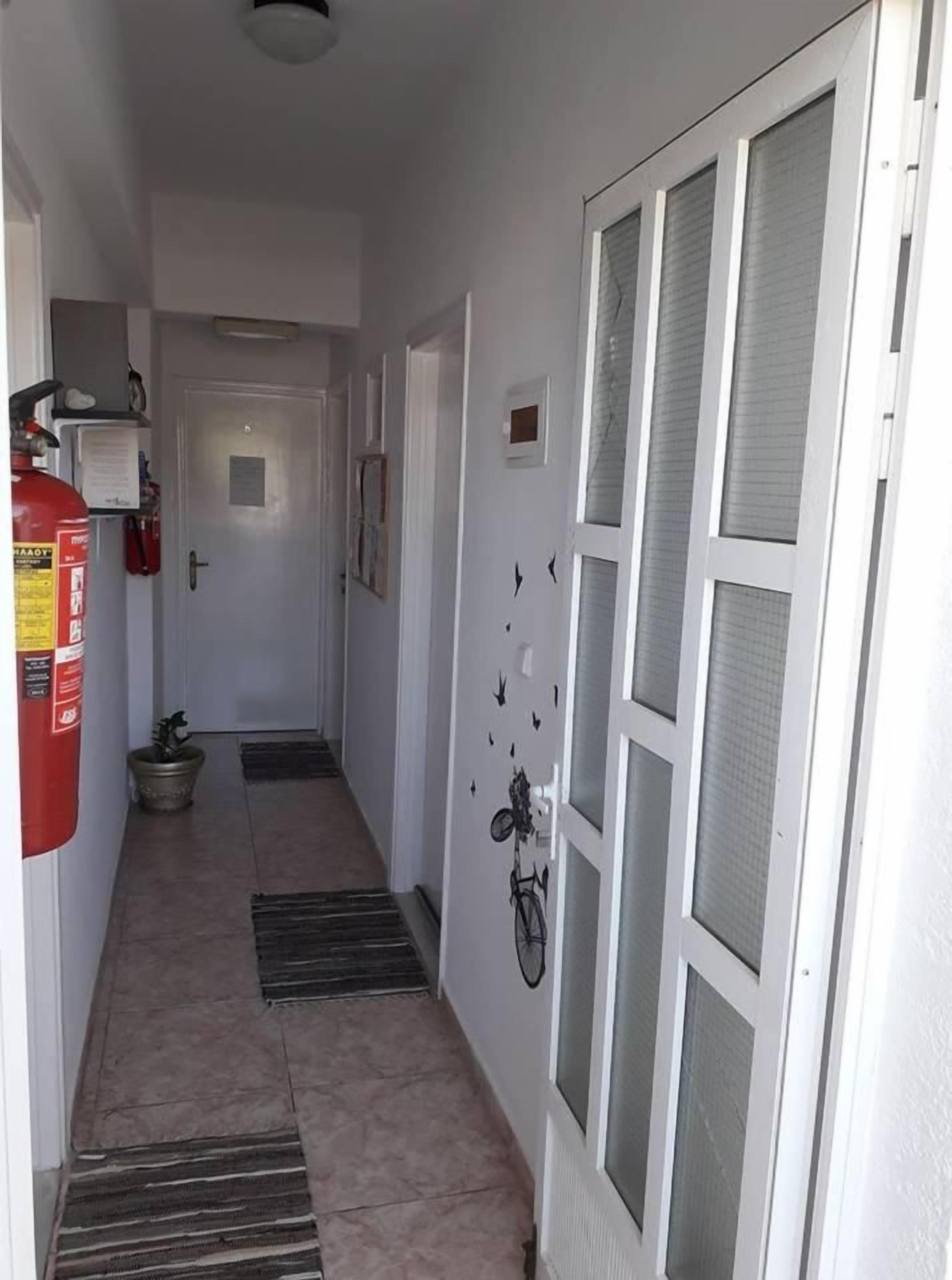 A narrow hallway with a fire extinguisher, a potted plant, and a door with frosted glass panels.