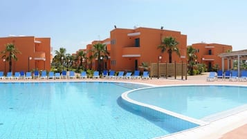 Seasonal outdoor pool, pool umbrellas, pool loungers