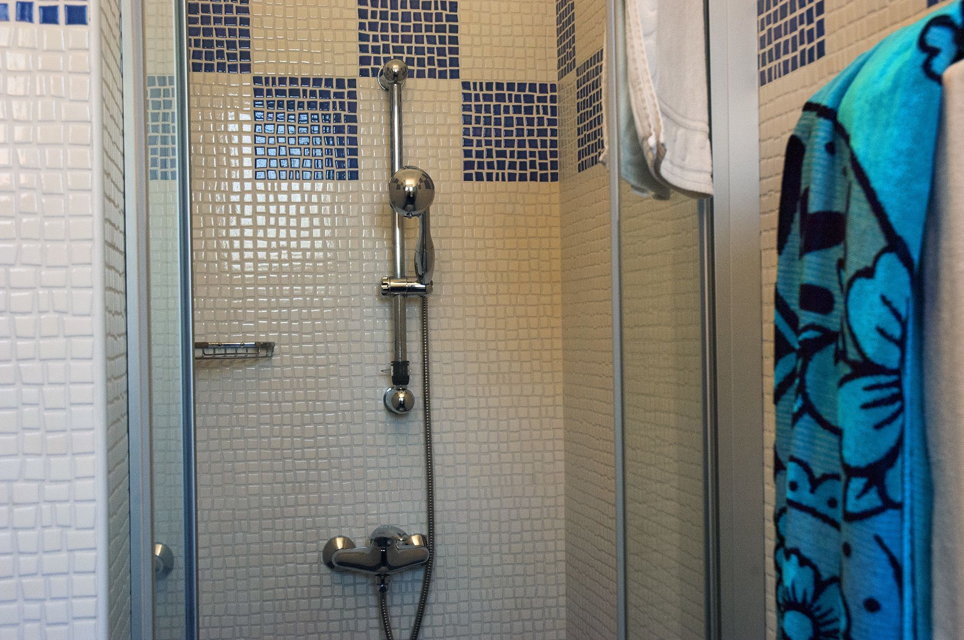 A shower with a glass door, a handheld showerhead, and a wall-mounted faucet.