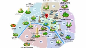 Una mappa di Parigi con monumenti e percorsi numerati.