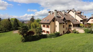 Eine Reihe moderner Häuser mit geneigten Dächern und mehreren Schornsteinen, umgeben von einer üppigen, grünen Landschaft und Bäumen.