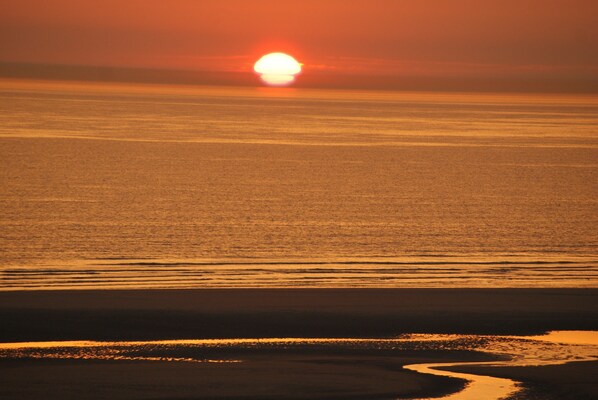 Un coucher de soleil sur une mer calme, avec une plage de sable au premier plan.