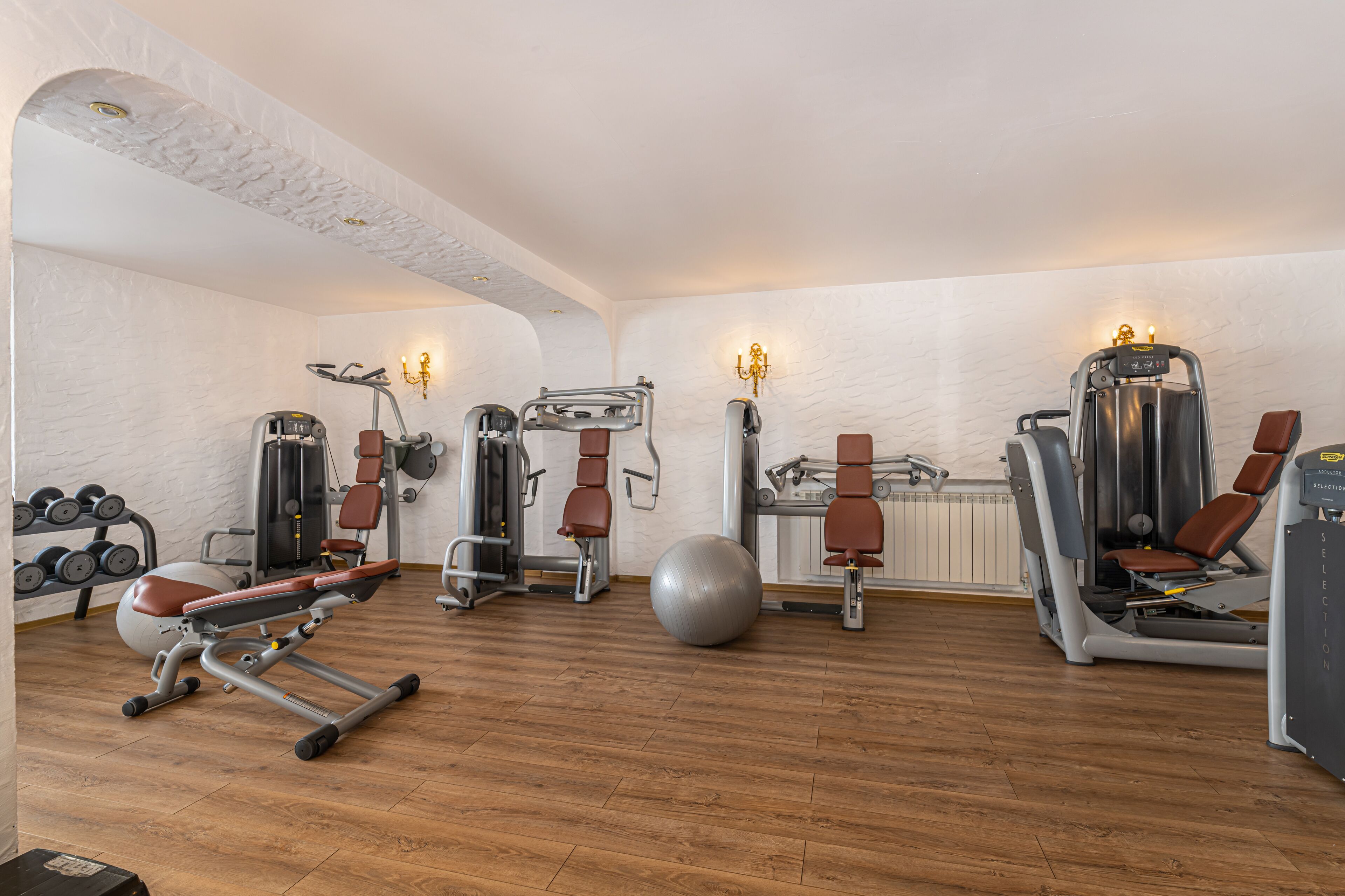 A gym with various exercise equipment, a large exercise ball, and dumbbells.