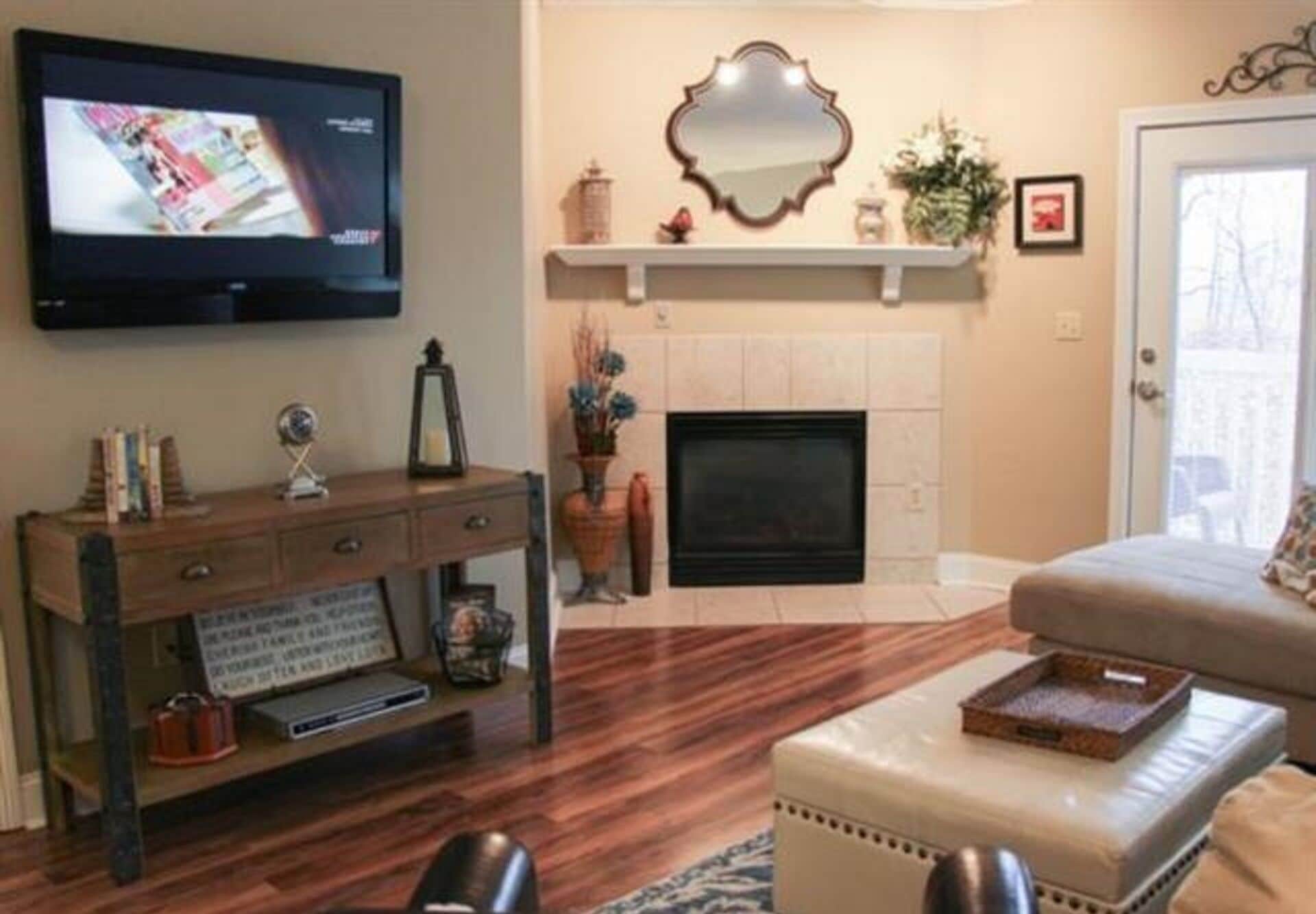 TV, fireplace, DVD player, books