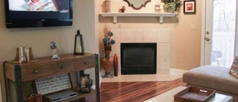 TV, fireplace, DVD player, books