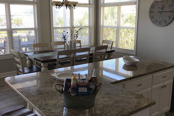 Kitchen island and dining area.