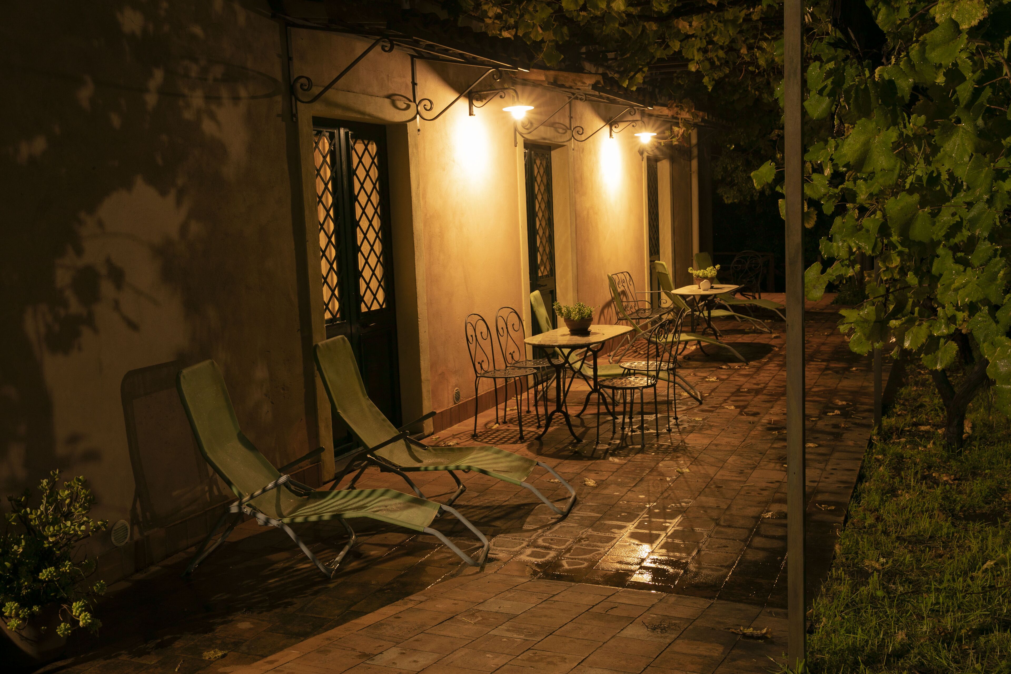 An outdoor patio area with a table and chairs, a potted plant, and a wall with a decorative iron railing.