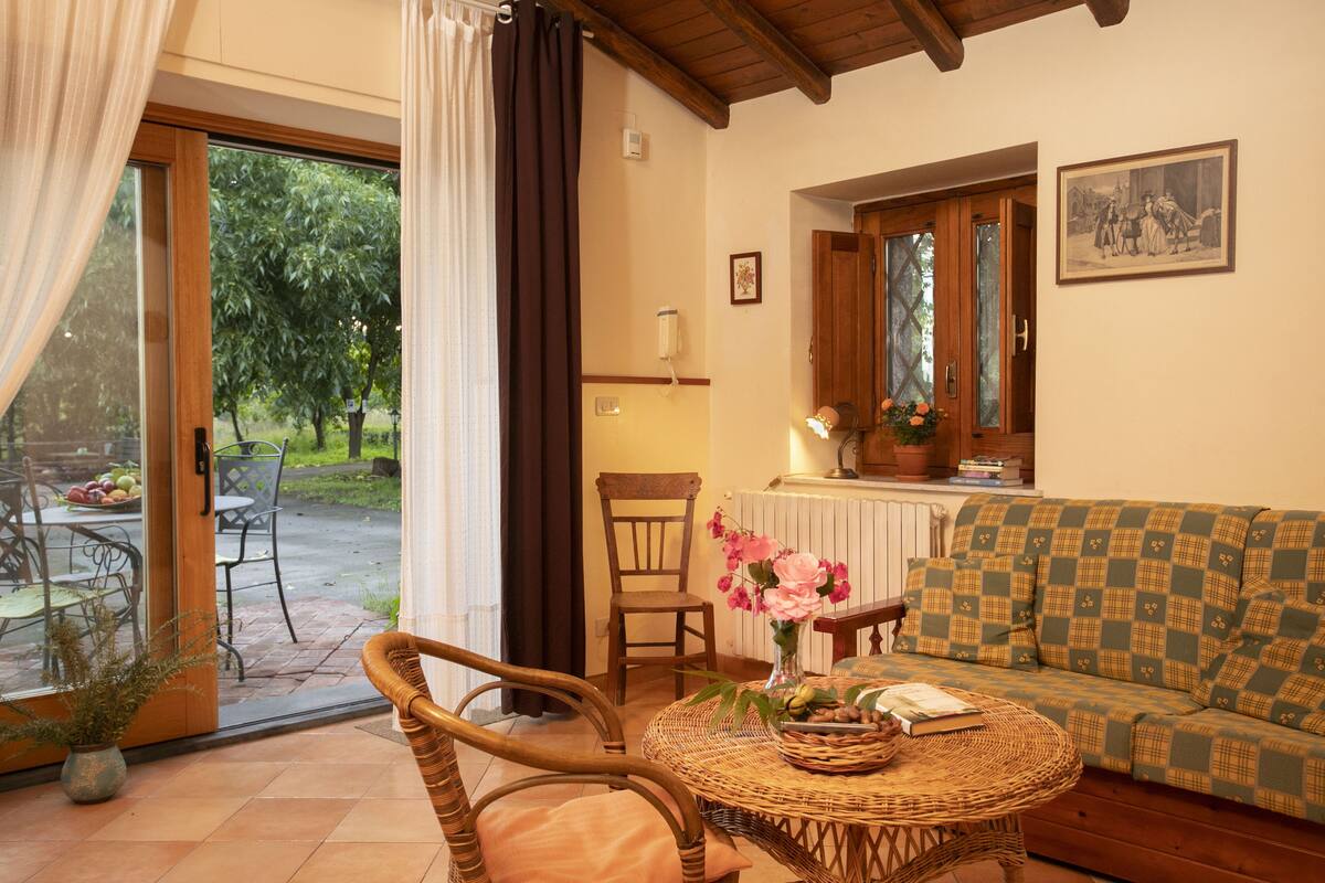 Una sala de estar acogedora con un sofá, una mesita de mimbre y un sillón. Se observa una ventana con cortinas, un radiador y un cuadro en la pared.