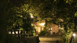 Un chemin menant à un bâtiment entouré d’arbres, de nuit.