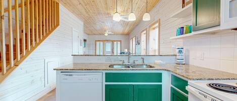 Fridge, microwave, dishwasher, coffee/tea maker