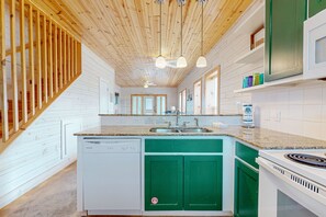 Fridge, microwave, dishwasher, coffee/tea maker