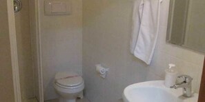 Pieni kylpyhuone, jossa on wc, pesuallas ja seinälle ripustettu pyyhe.