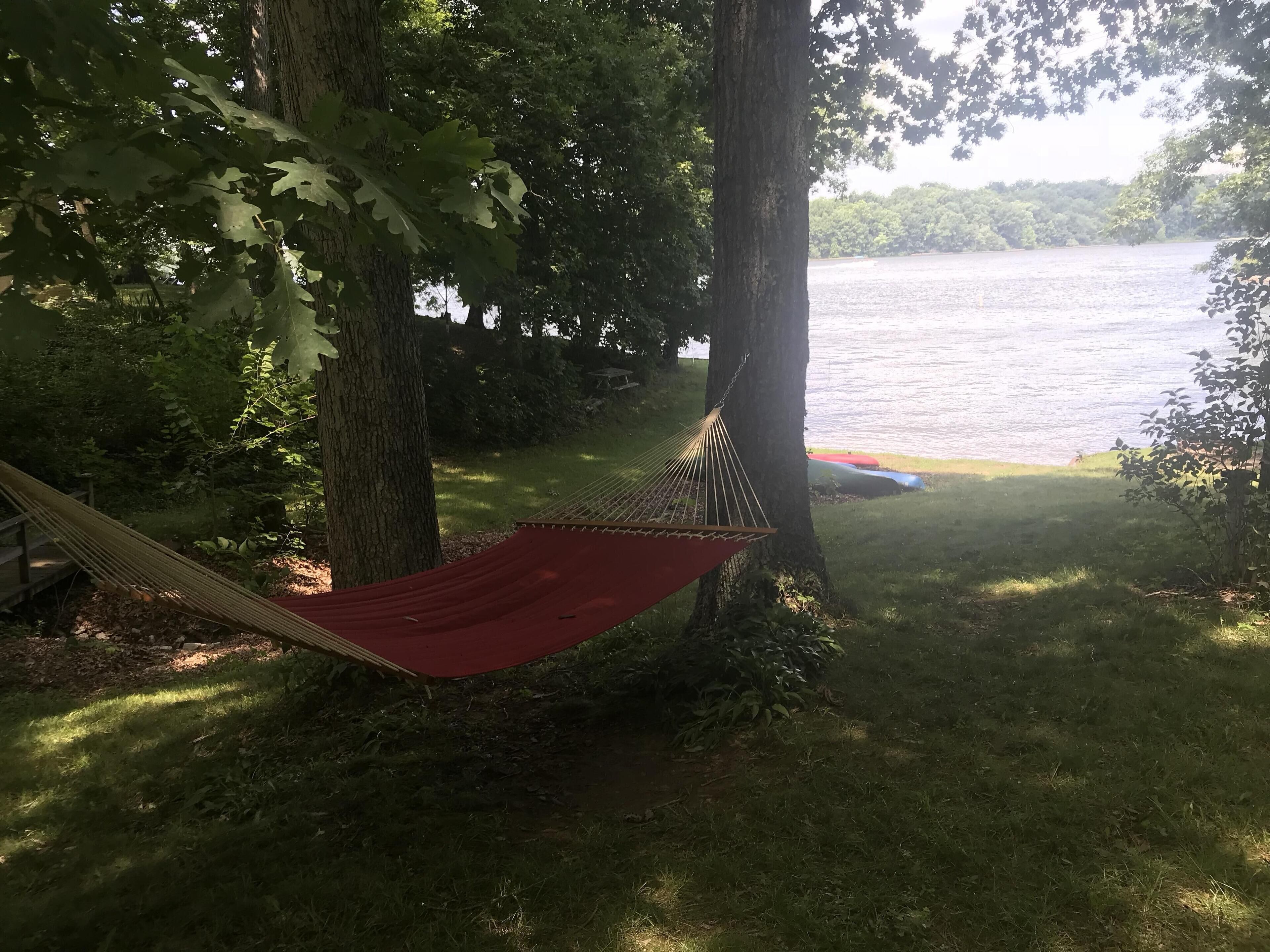 A hammock tied between two trees near a lake with rafts in the background.