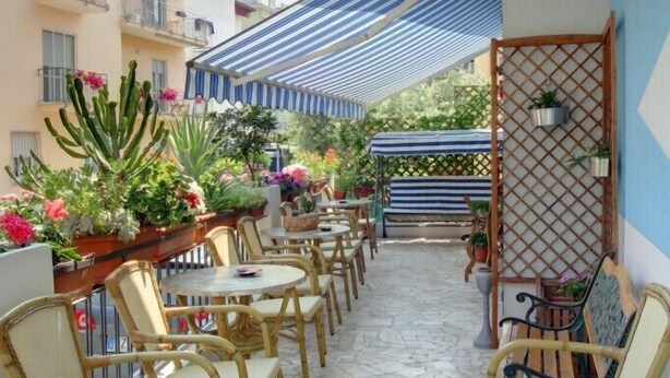 An outdoor patio area with round tables and wicker chairs, surrounded by potted plants and a striped awning. - Hotel Acquazzurra (Rimini)