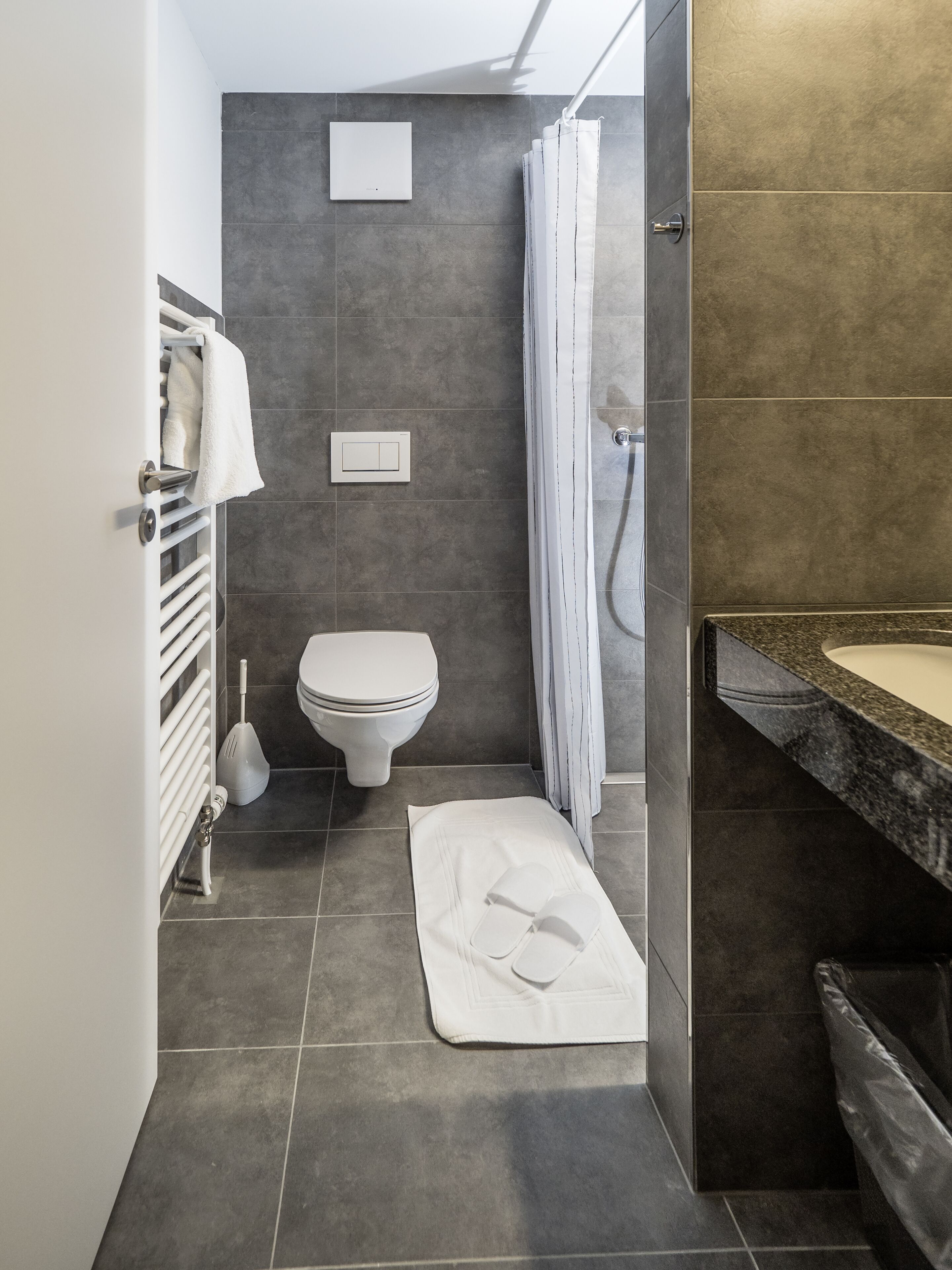 Une salle de bain moderne équipée d’une douche, de toilettes et d’un lavabo.