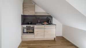A compact kitchen with a built-in oven, a stovetop, and a sink. - Hotel & Apartments Bären (Seengen)