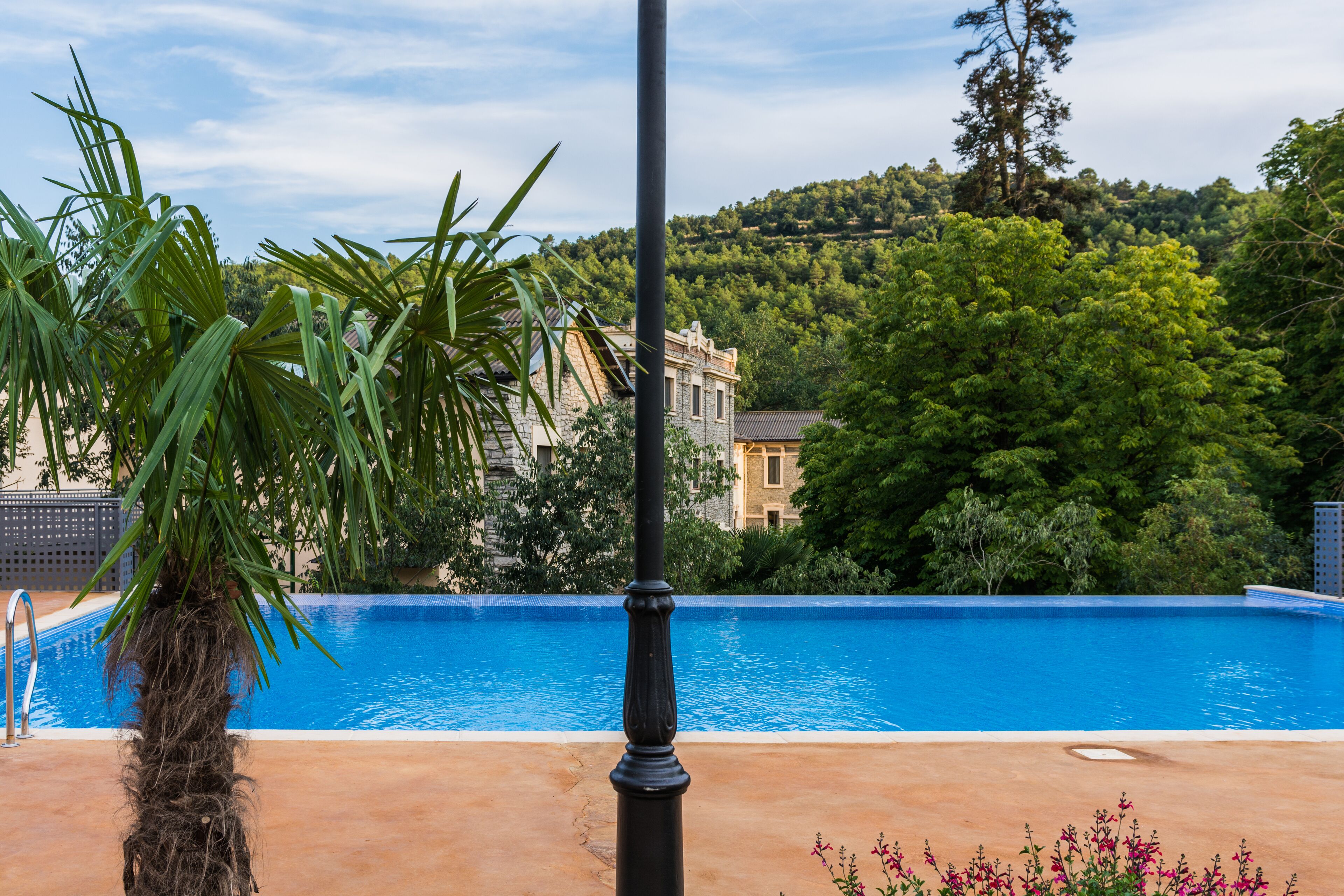 A swimming pool with a clear view of a building in the background, surrounded by lush greenery.
