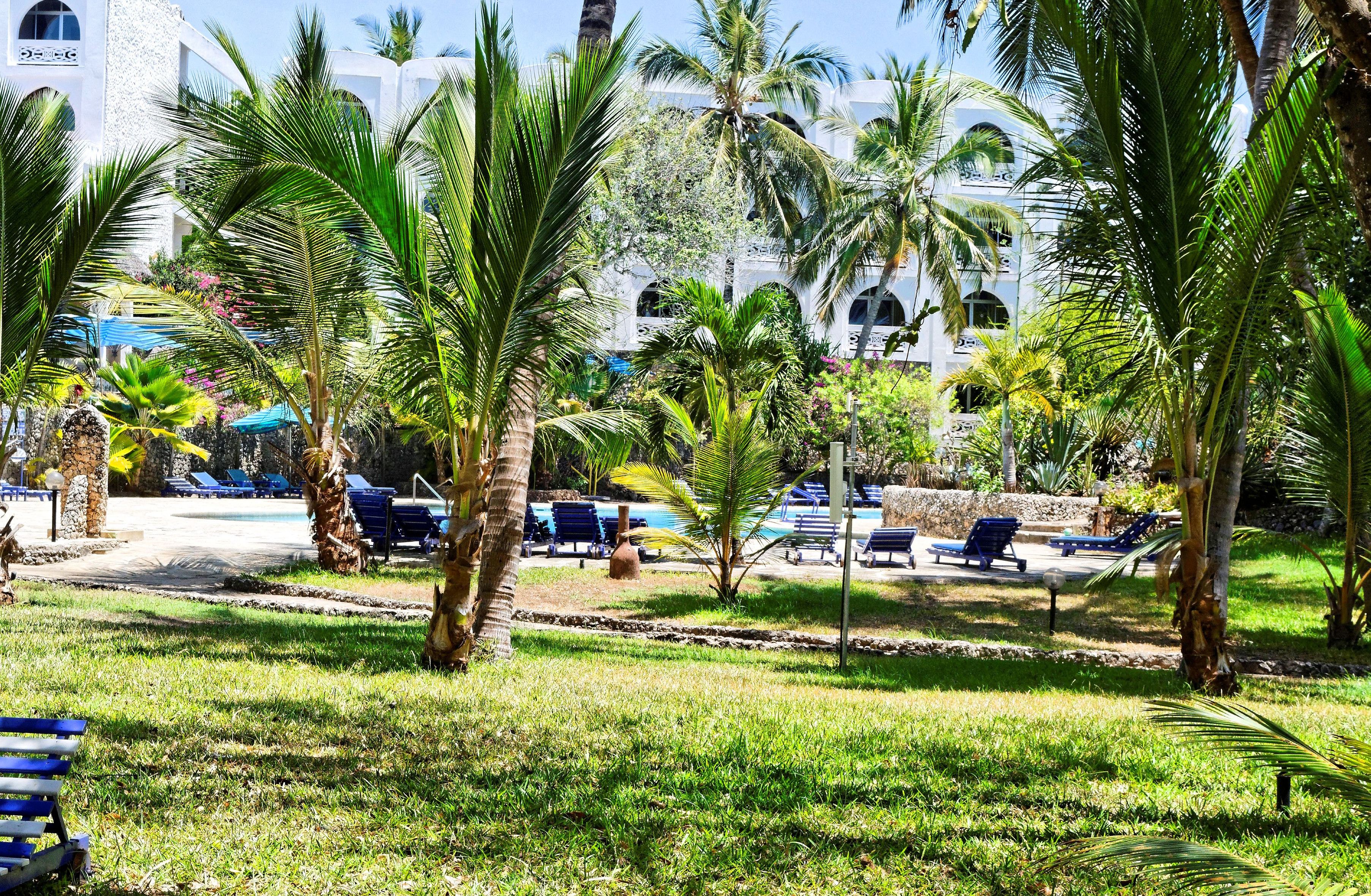 A resort with a pool area, palm trees, and lounge chairs.