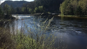 A river flowing through a forested area with hills in the background. - Otra Inn (Vennesla)