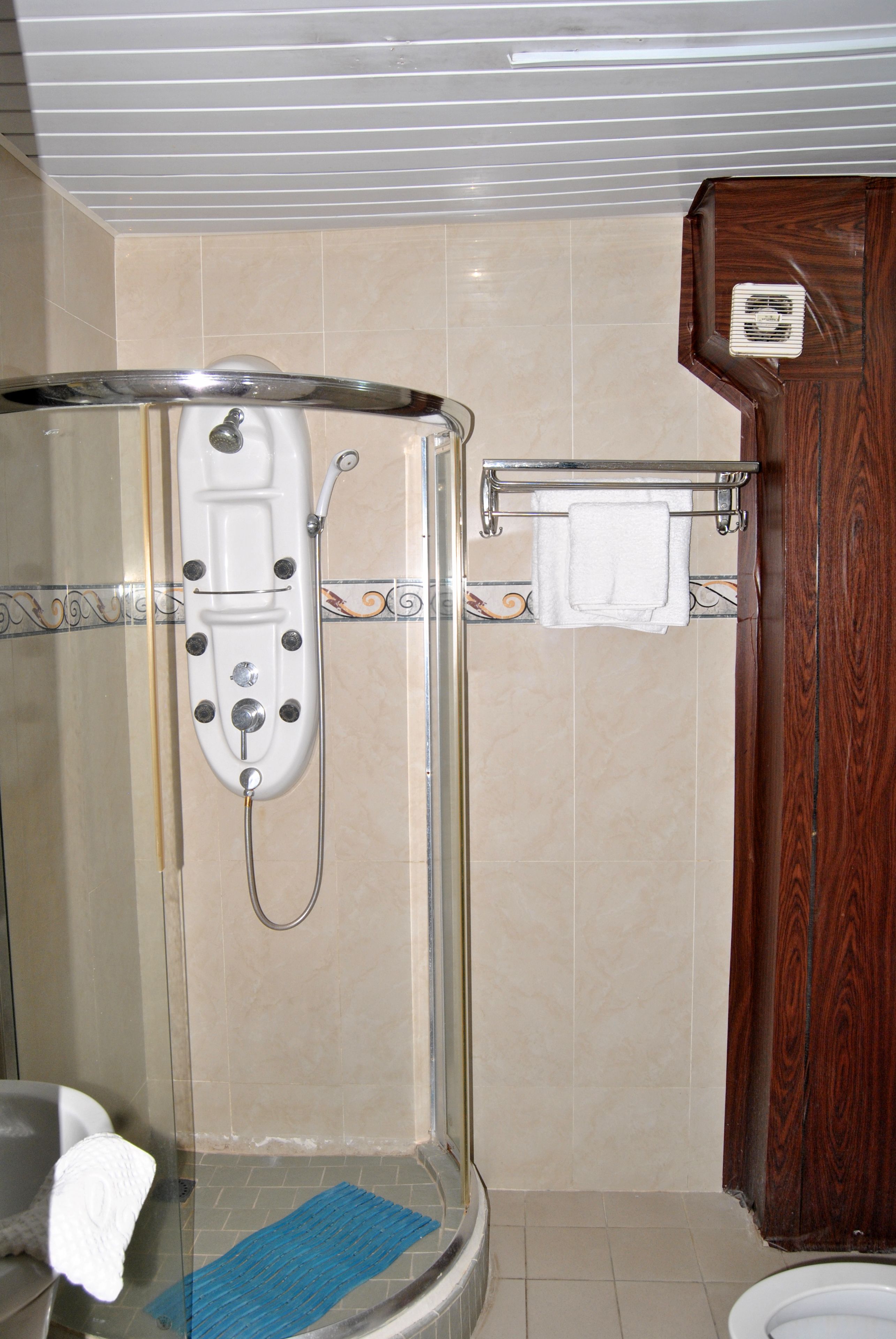 Un baño con ducha de vidrio, puerta de madera y piso de baldosas.