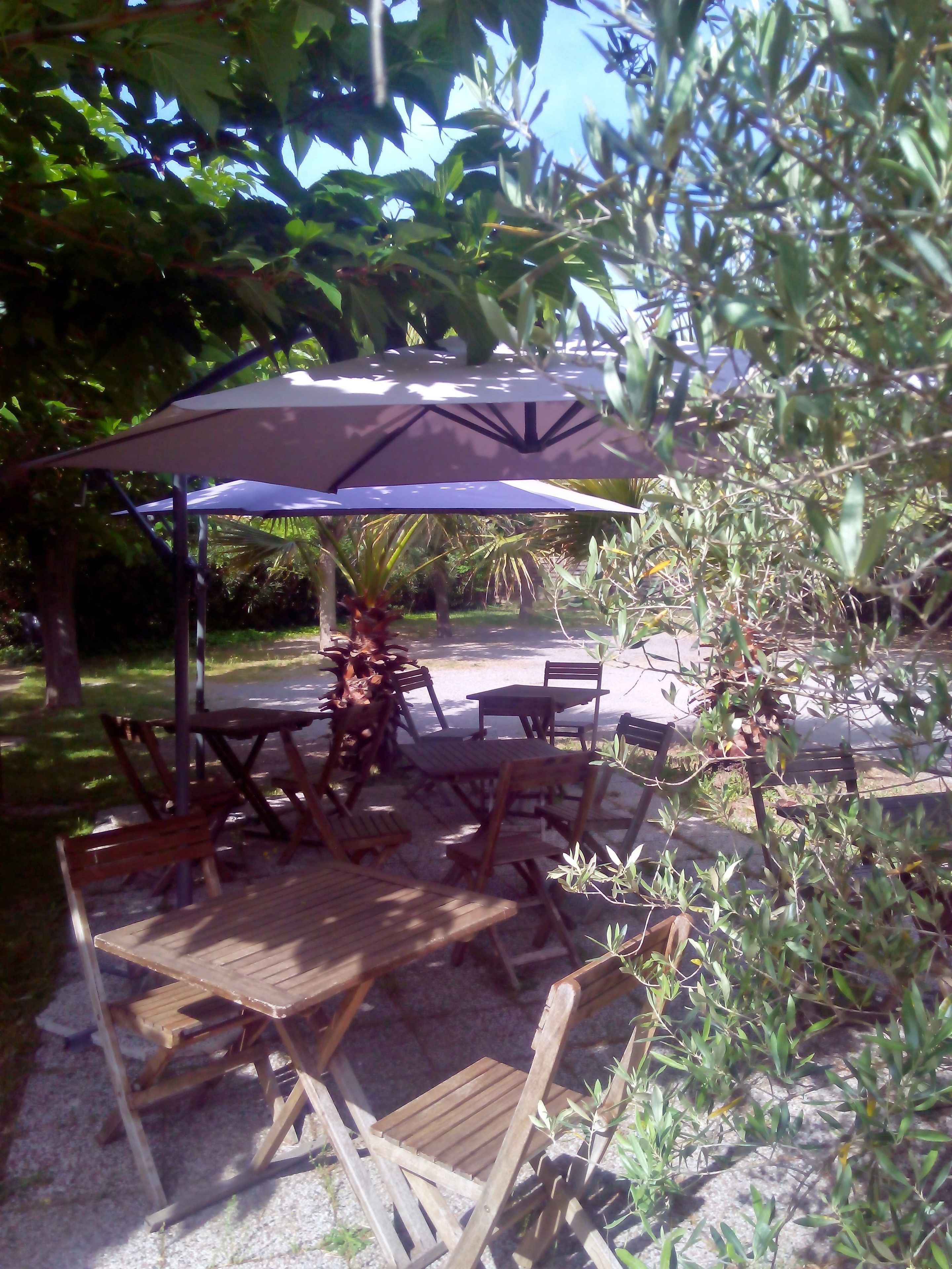 An outdoor seating area with wooden tables and chairs, a large umbrella providing shade, and surrounding greenery.