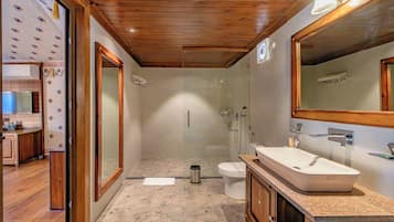 Baño con ducha, inodoro y lavamanos, techo de madera y espejos amplios.