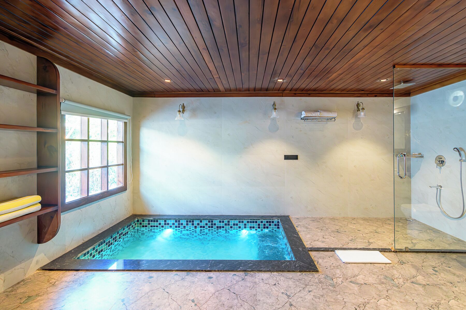 A spa room with a hot tub, a glass shower enclosure, and a window with blinds.