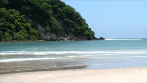 A beach with clear turquoise water, a sandy shore, and a forested cliff in the background. - Bella Casa Flat Service (Bertioga)