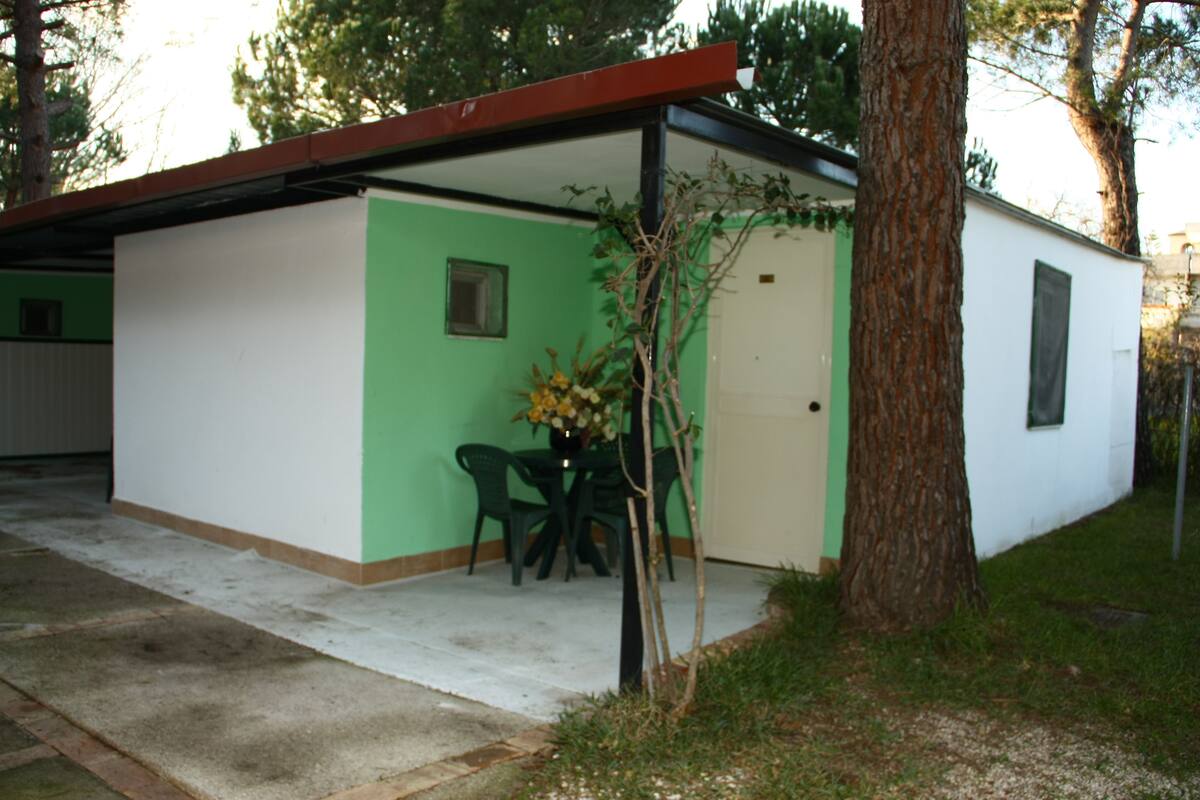 A small, single-story building with a green exterior and a white door. There is a small table with chairs and a vase of flowers outside.