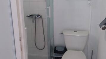 A bathroom with a shower, toilet, and a waste bin.