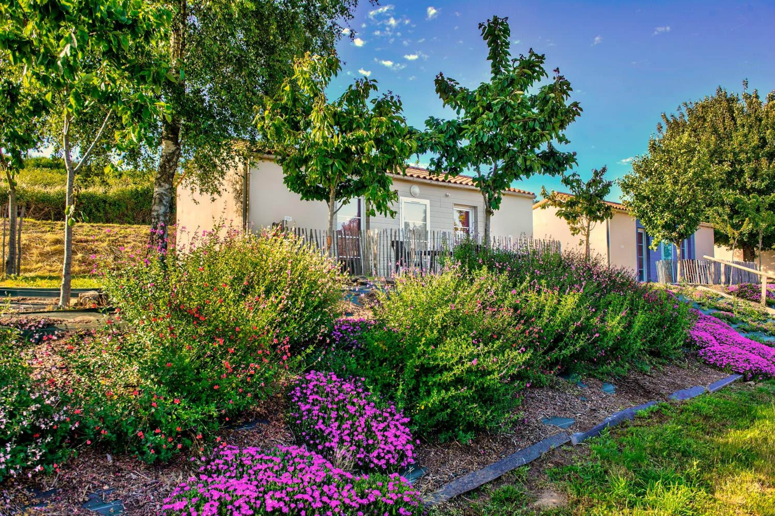 A residential property with a garden featuring various shrubs and flowers, a paved pathway, and a building with a tiled roof.