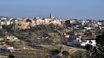 A town with historic buildings, a prominent tower, and a mix of residential and commercial structures.