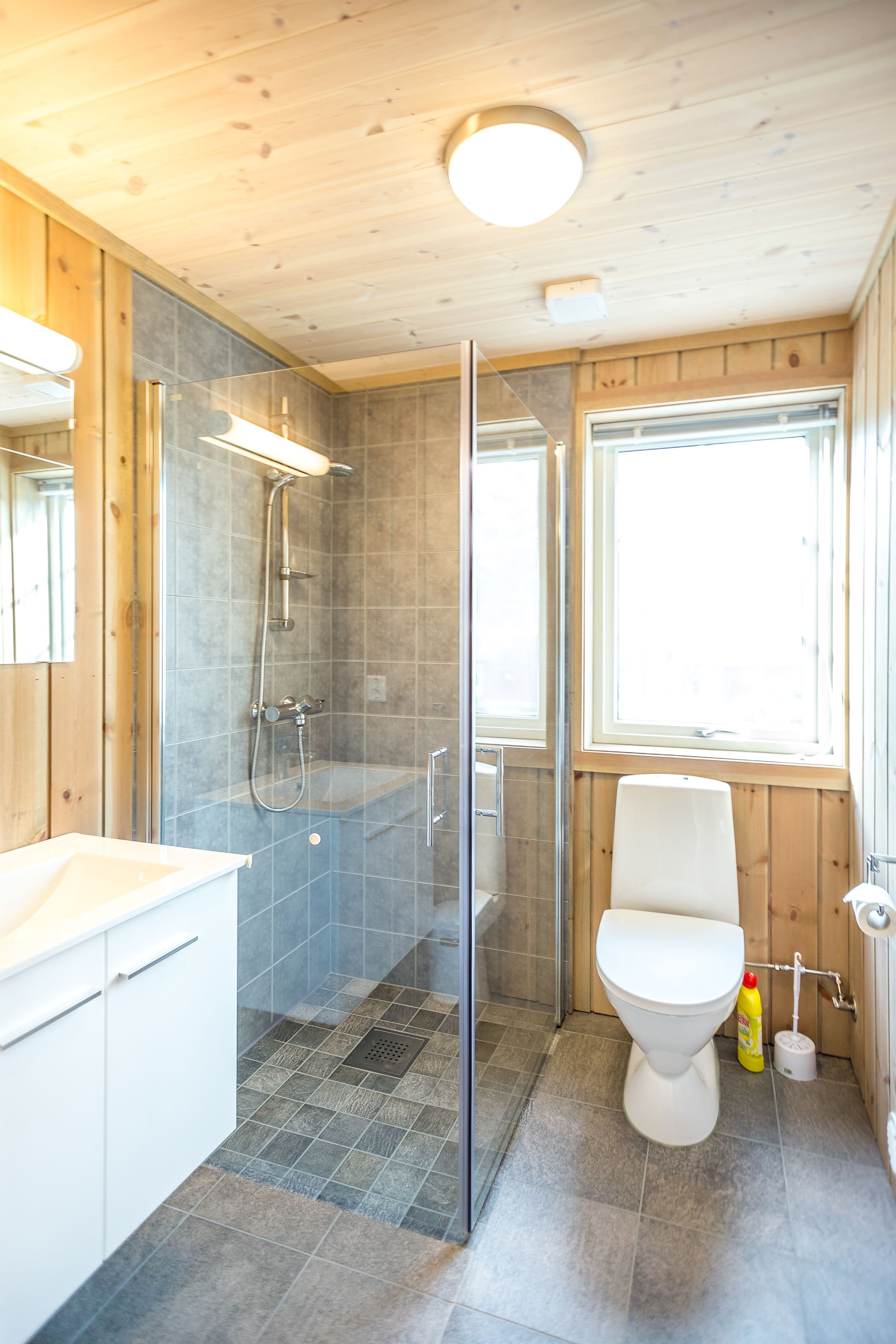 A bathroom with a glass-enclosed shower, a white toilet, and a sink.